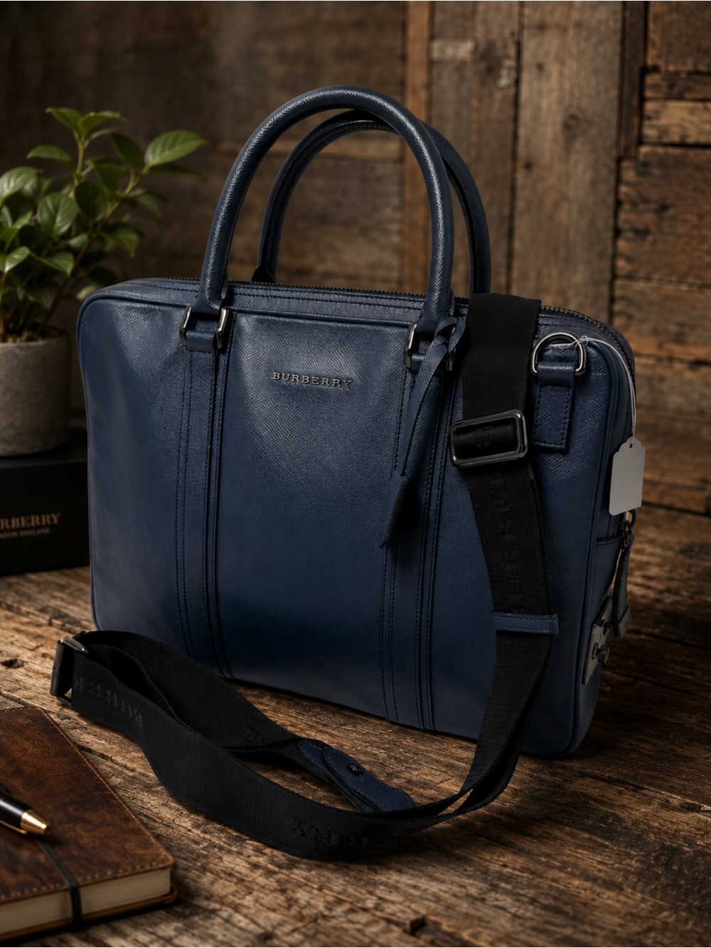 Burberry Navy Leather Laptop Briefcase with Black Detachable Strap